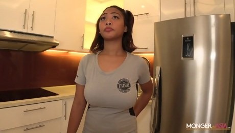 Thick Asian babe dresses up as a maid and that chick loves fucking for money