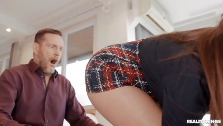 A brunette in a short skirt takes hot sperm on her face. Hard anal sex.