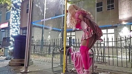 Dildo And Cum At The Bus Stop