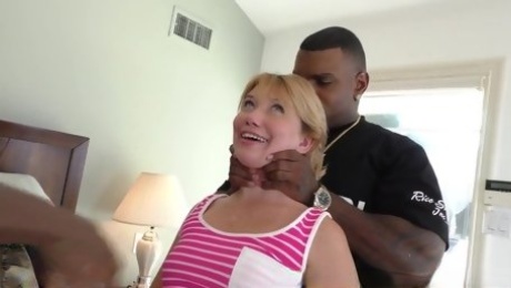 Black guys are sharing a sweet, white blonde with freckles, while fucking her at the same time
