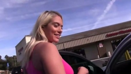Juggy tanned blondie Athena Palomino masturbates in the car and gets laid indoor