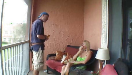 Handyman fucks big tit stepmom on porch