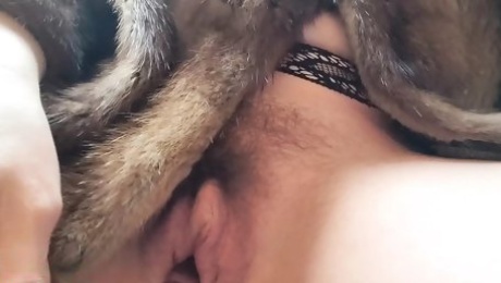 Pussy with long labia? hairy butterfly pussy, I'm so horny and I'm doing it with my glass dildo in a fur coat
