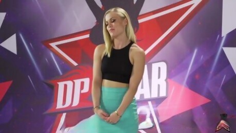 Horny blonde fingers her hairy cunt in front of the jury in DP star show